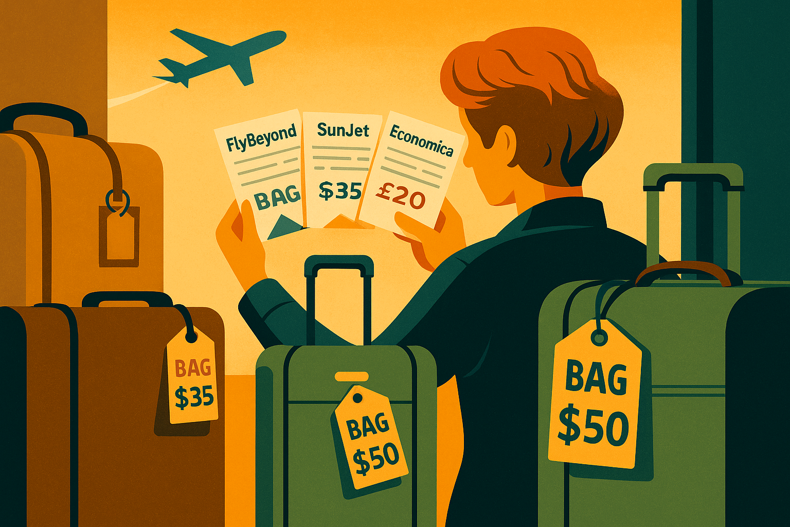 A traveler holding several airline tickets and looking at price tags attached to their luggage, each showing different baggage fees.