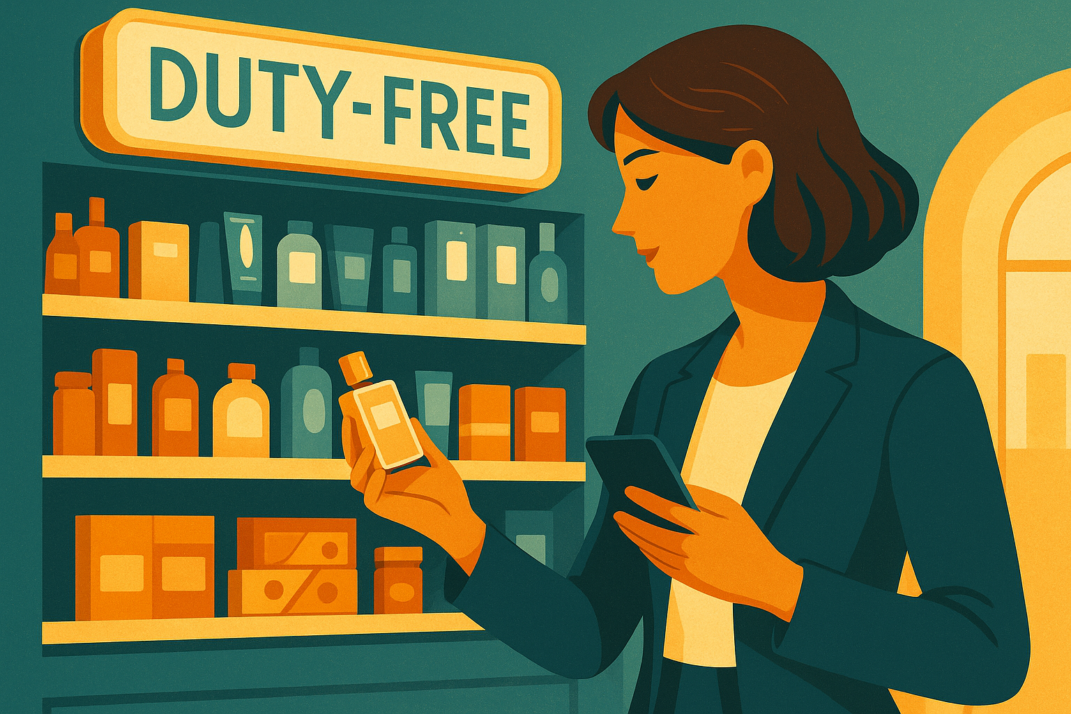 A traveler in a stylish airport duty-free store comparing perfume prices on their phone, surrounded by shelves of cosmetics and gourmet items.