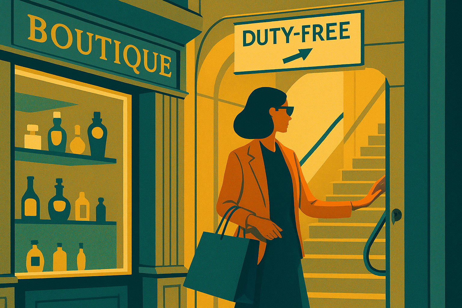 A quiet staircase tucked beside a luxury duty-free boutique leads toward a hidden shopping area, softly lit and mostly empty.