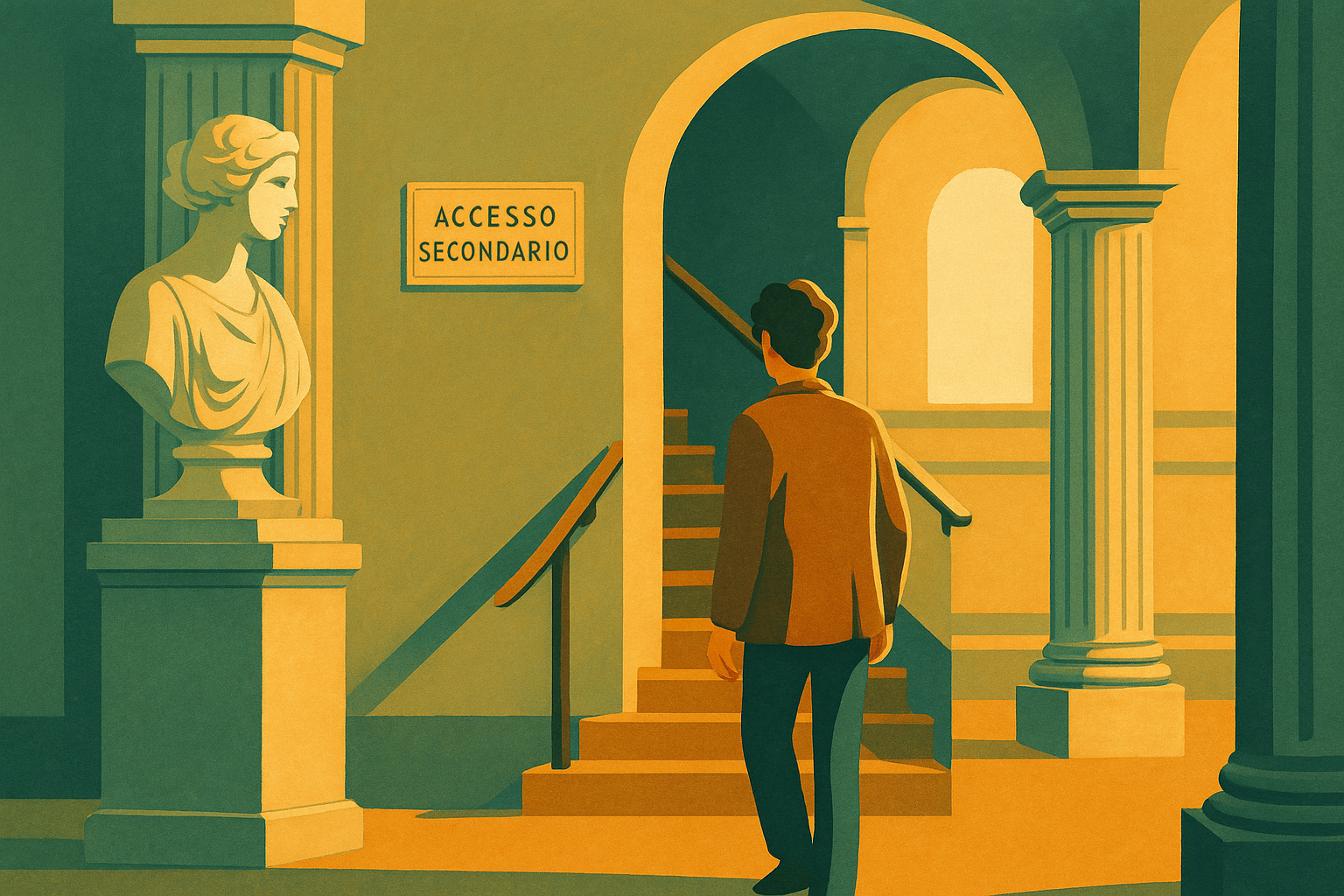 Illustration of a hidden museum stairwell discovered behind a sculpture-lined corridor