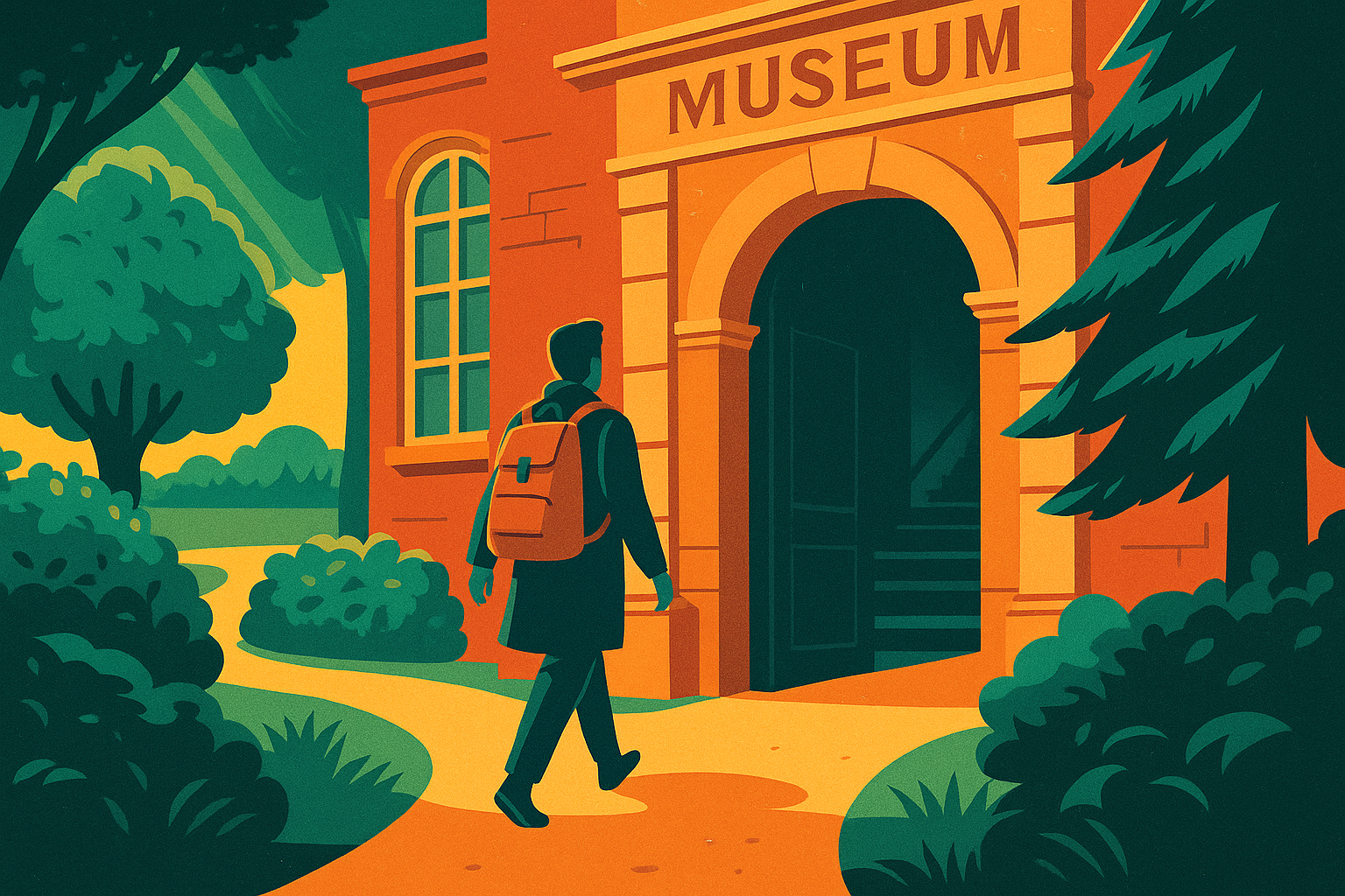 Illustration of a museum back entrance from a park pathway