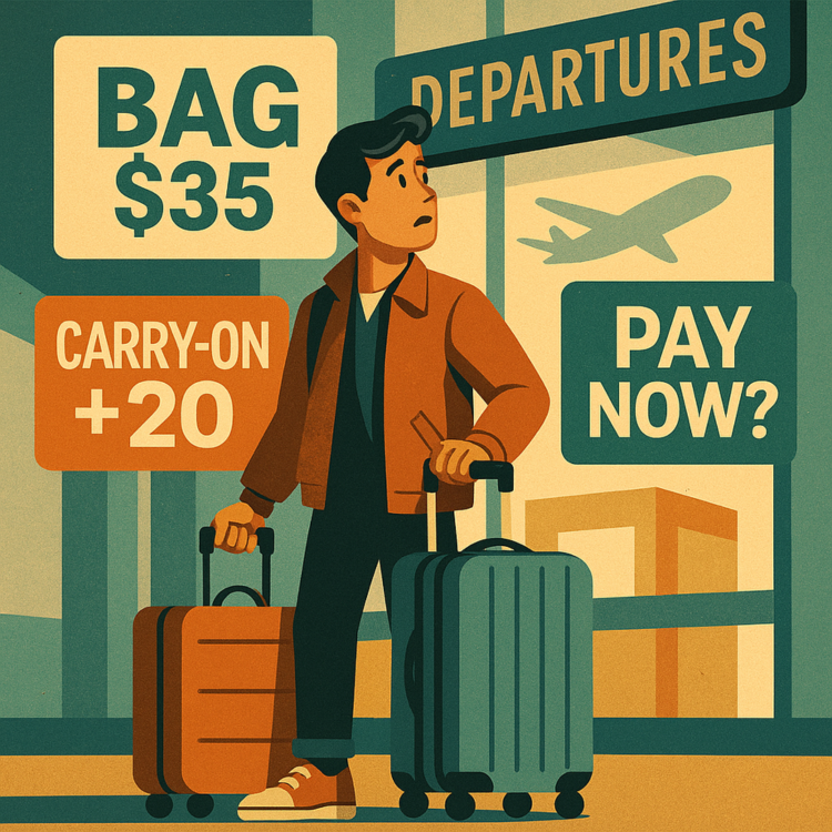Hidden Baggage Fees 2025: Airline-by-Airline Guide to Avoid Getting Ripped Off A vintage-style illustration about hidden airline baggage fees for 2025 travel hacks