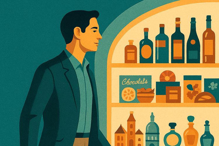Traveler walking confidently through a duty-free area
