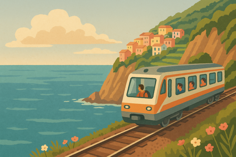 A vintage travel poster–style illustration of a local Italian train with passengers seated inside, traveling along the curved coastal tracks high above the Mediterranean Sea. The train hugs the dramatic Cinque Terre cliffs, with pastel-colored houses, lush terraces, and wildflowers under a sunlit sky.