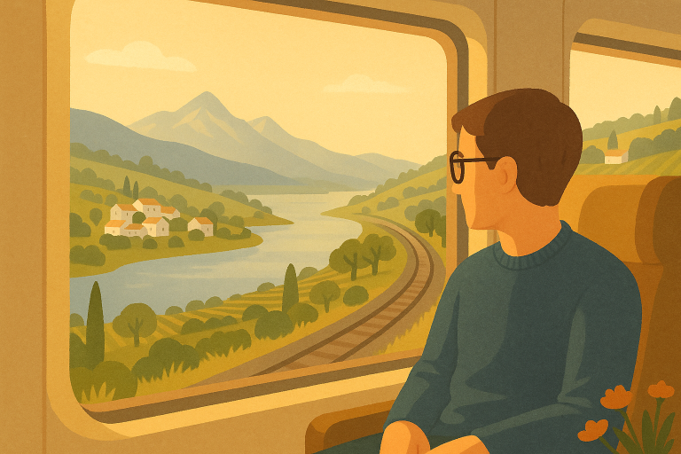 A retro travel poster–style image of a traveler sitting inside a train, gazing out a panoramic window at a sweeping view of a lake, distant snow-capped mountains, vineyards, a riverside village, and wildflowers in the foreground. The atmosphere is calm and inviting, blending features of Switzerland, Italy, Austria, and Spain.