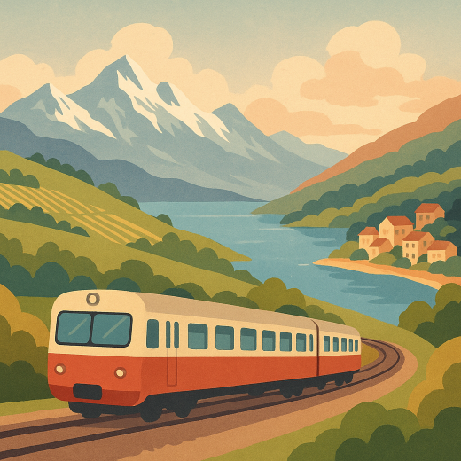 A vintage travel poster–style illustration of a local European train curving through a landscape of alpine mountains, lakes, vineyards, and a colorful hillside village, evoking the beauty and tranquility of scenic daily train rides across Europe.