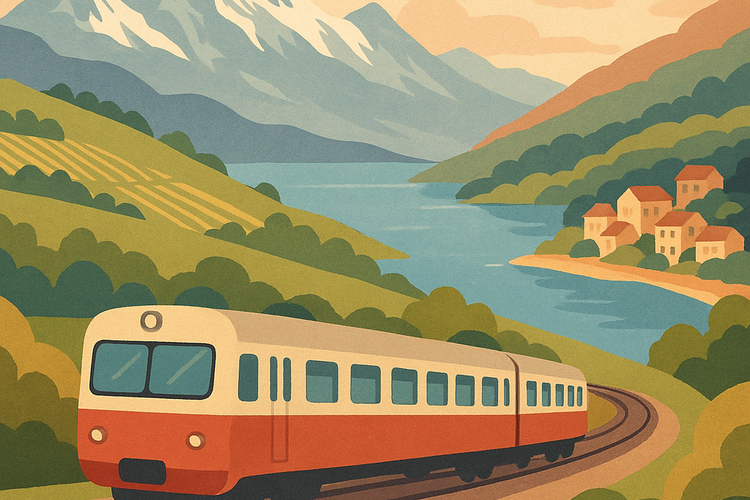 Vintage poster–style illustration of a European train winding through mountains, lakes, and villages